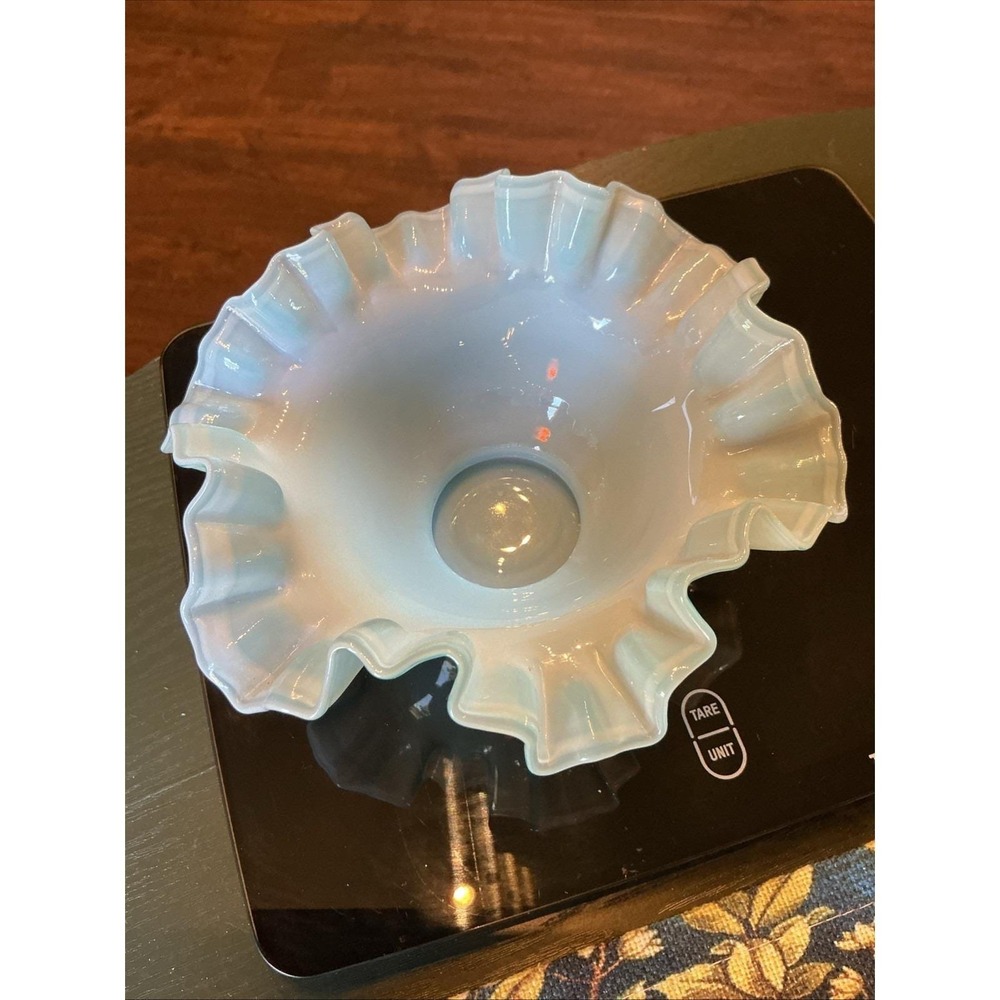 Vintage 7" x 3.25" Pale Blue Fenton Overlay Opalescent Crimped Ruffle Bowl